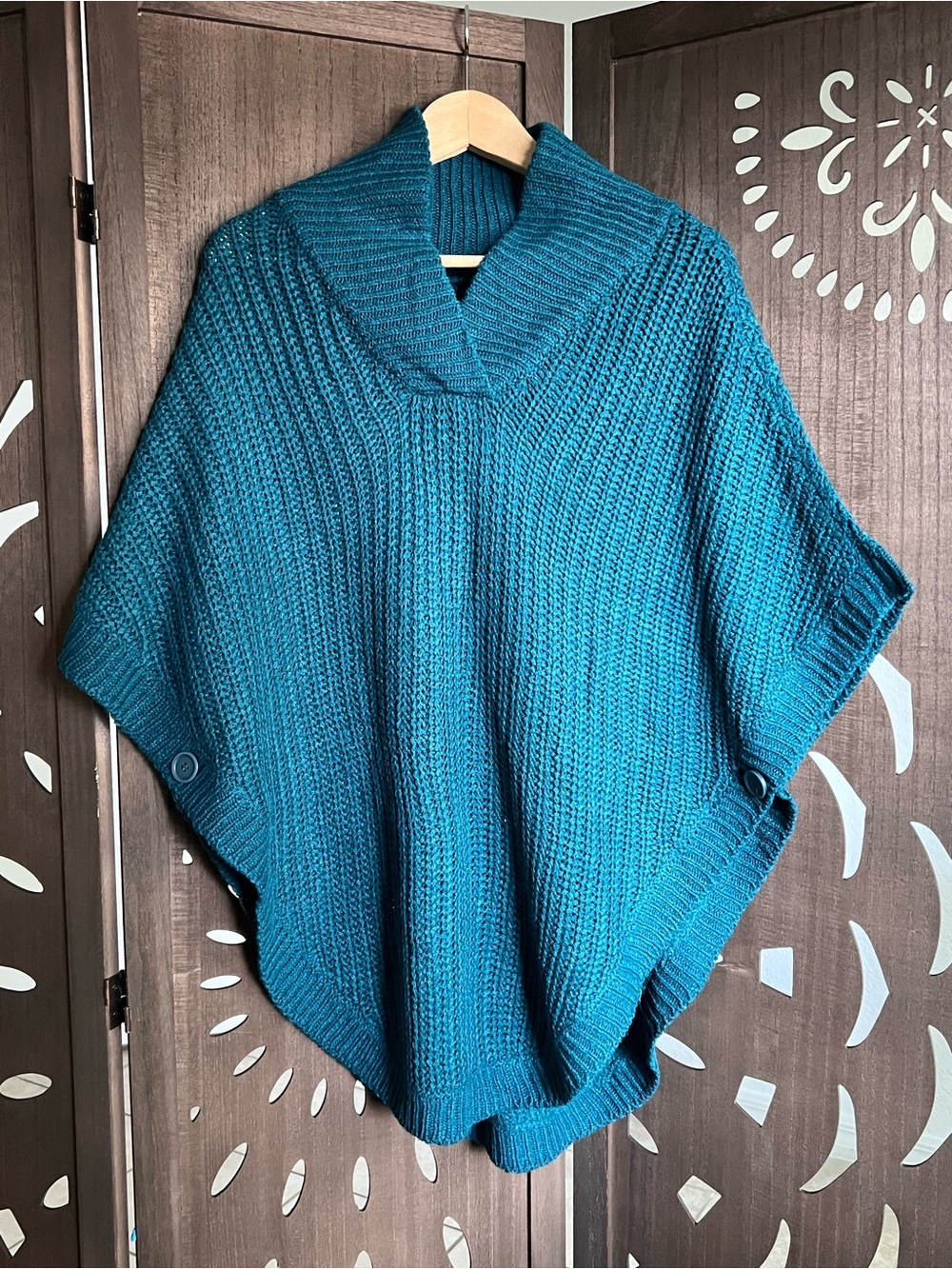 Cozy Teal Knit Shawl-Collar Poncho